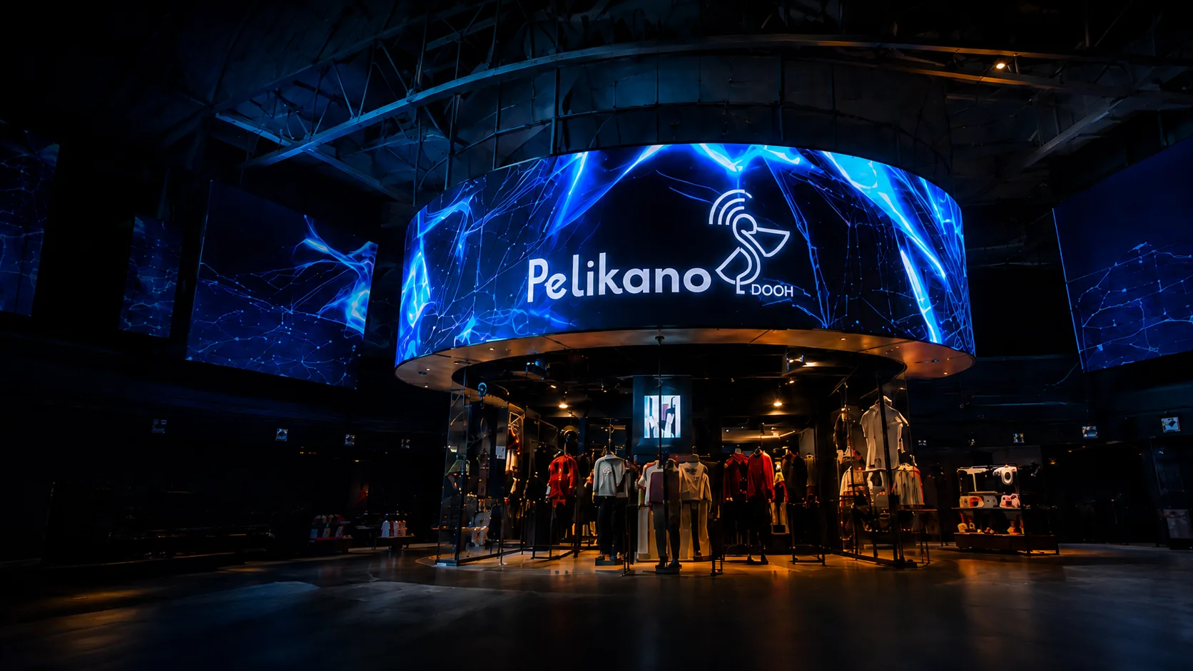 Painel de LED curvo circular instalado em loja conceito, exibindo a marca Pelikano DOOH